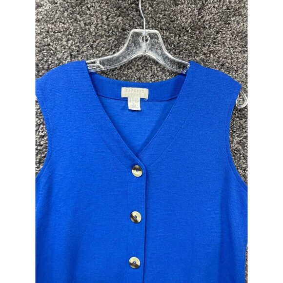 Express Tricot Vest Sweater Womens Large Blue Knit Slit V Neck Button Front - Picture 5 of 13